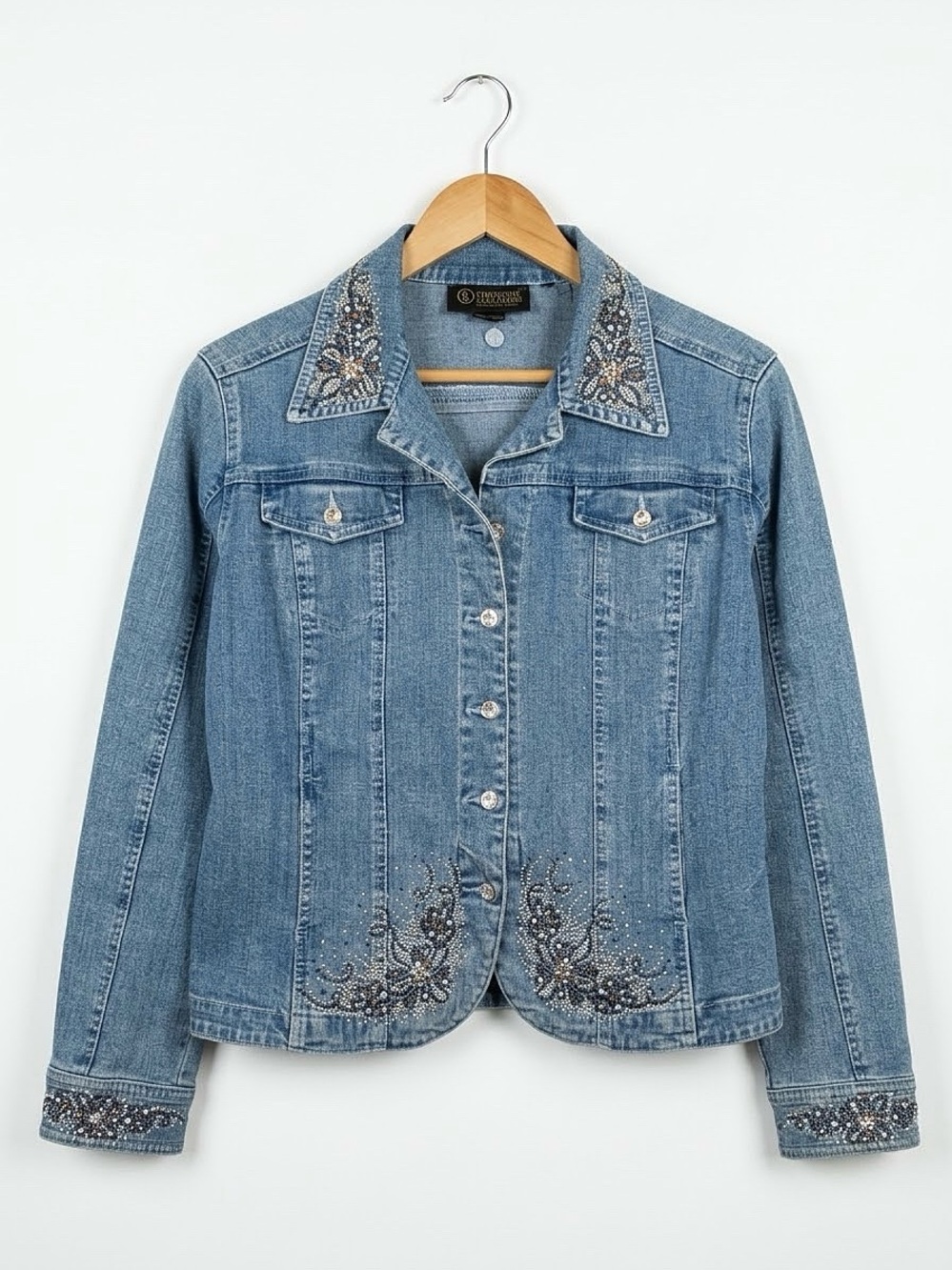 CHRISTINE ALEXANDER Swarovski Crystal Rhinestone Embellished Denim Jean Jacket L